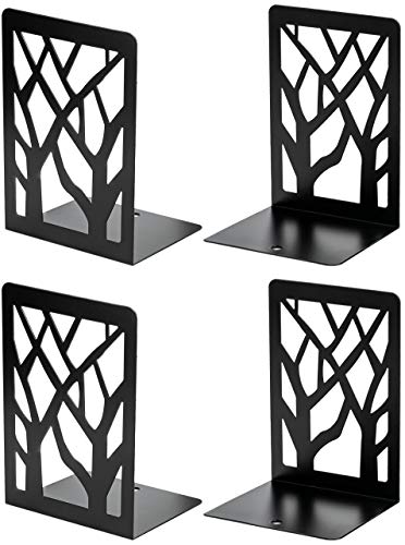 MaxGear Tree Design Modern Bookends for Shelves, Non-Skid Book Holder, Heavy Duty Metal Storage for Books/CDs, Decorative Book Stopper for Home, 7 x 4.7 x 3.5”, Black (2 Pair/4 Pieces)