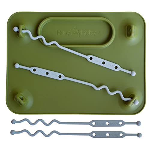 BUSY BABY Silicone Placemat-As Seen On Shark Tank-Built-in Suction Cups-4 Toy Tethers for Babies Toddlers and Kids-Food Grade Silicone-8.5 x 11 in-Comes with Travel Sleeve-Dishwasher Safe-Olive