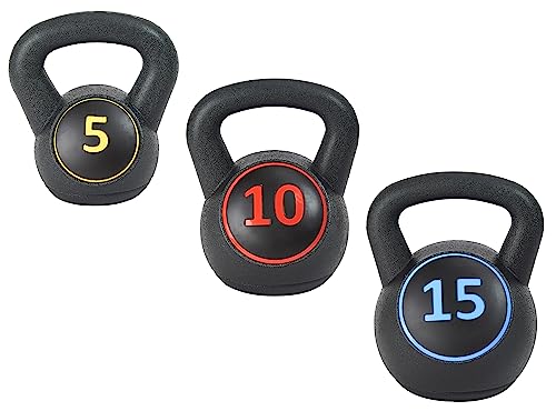 Signature Fitness Wide Grip Kettlebell Exercise Fitness Weight Set, Includes 5 lbs, 10 lbs, 15 lbs