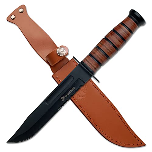 MTech USA – Fixed Blade Knife – Black, Partially Serrated Blade, Leather Wrapped Handle, Includes Leather Sheath with U.S. Marines Logo, Hunting, Camping, Survival, Tactical, EDC - MT-122MR