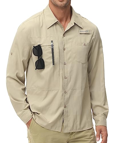 Satankud Men's Long Sleeve Fishing Shirts UPF 50+ Sun Protection Lightweight Hiking Travel Work Button Down Shirt Zipper Pocket (Khaki,Small)