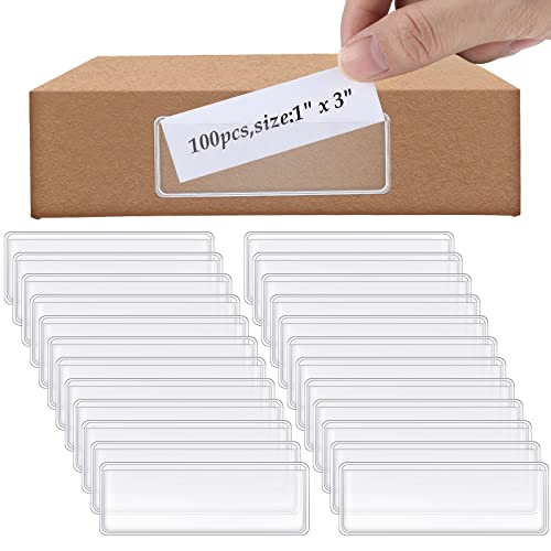 Self-Adhesive Label Holders Shelf Tag 3 x 1 Inch Self Stick Index Card Pockets Clear Plastic Shelf Tag Long Side Open Price Tag for Supermarket Bookshelf Mailbox Business Library Students (100 Pcs)