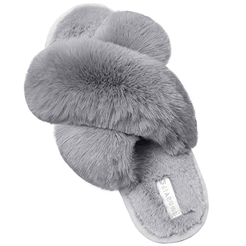 JIASUQI Women's Cross Band Fuzzy House Slippers Soft Plush Furry Faux Fur House Indoor Outdoor Slippers for Women Grey 8-9