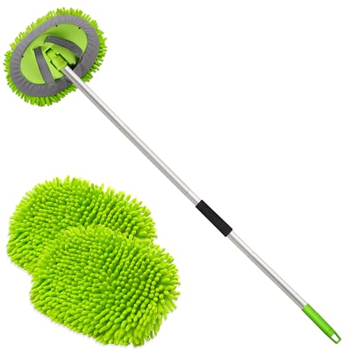 anngrowy 62' Microfiber Car Wash Brush Mop Kit Mitt Sponge with Long Handle Car Cleaning Supplies Kit Duster Washing Car Tools Accessories, 1 Chenille Scratch-Free Replacement Head Aluminum Alloy Pole