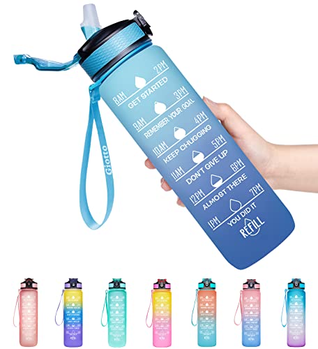 Giotto 32oz Large Leakproof BPA Free Drinking Water Bottle with Time Marker & Straw to Ensure You Drink Enough Water Throughout The Day for Fitness and Outdoor Enthusiasts-Ombre Navy Green