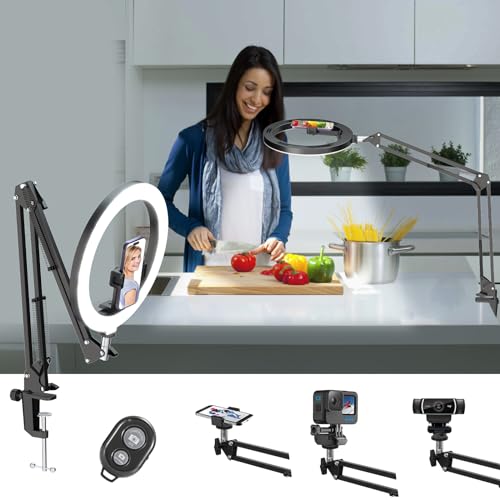 Overhead Camera Mount with 10' Selfie Ring Light and Phone Holder for Desk,Phone Mount Arm Stand with Remote for iPhone,Overhead Tripod for Video Recording Vlog TikTok Live Stream Cooking Nail Art