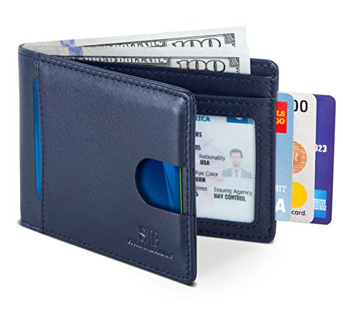 SERMAN BRANDS RFID Blocking Slim Bifold Genuine Leather Thin Minimalist Front Pocket Wallets for Men Billfold Wallet Men Gift (Luxe Blue 2.0)