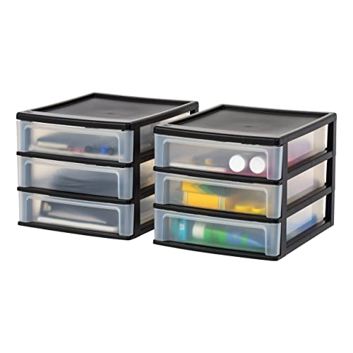 IRIS USA Medium 3-Drawer Stacking Desktop Organizer, 2 Pack, Plastic Drawer Storage Container for Stationery Art Craft Supplies Kitchen Office, Black
