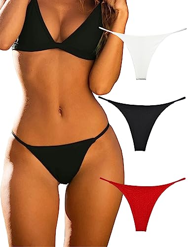KUKU PANDA Cotton Thongs for Women Sexy Seamless Woman G String Panties 3 Pack Set (Black/Red/White, Medium)
