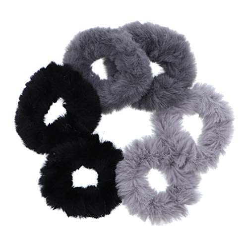 Small Faux Fur Scrunchies Hair Tie - Set of 6 - Black & Greys