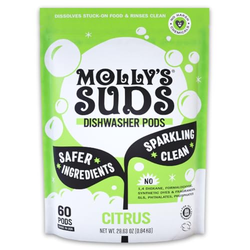 Molly's Suds Dishwasher Pods | Natural Dishwasher Detergent, Cuts Grease & Rinses Clean (Residue-Free) for Sparkling Dishes | 60 Auto-Release Tabs (Citrus)