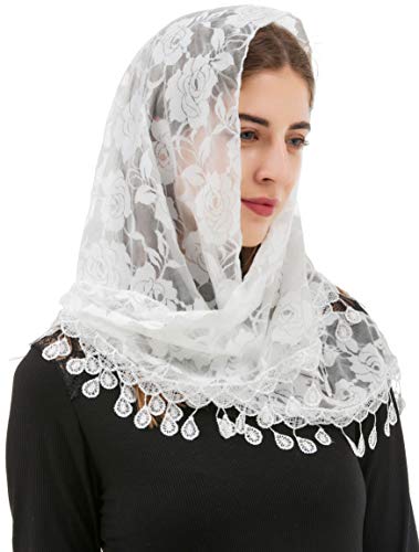 PAMOR Mass Veil Triangle Mantilla Cathedral Head Covering Chapel Veil Lace Shawl Latin Scarf (White)