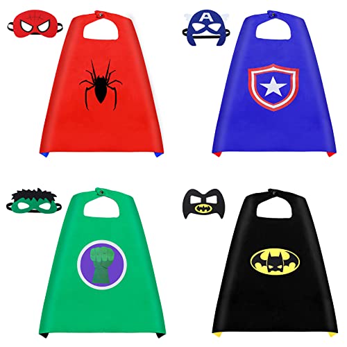 InPoTo Superhero Capes for Kids, 4 Sets Hero Capes and Masks Fit for 4-12years old boy and girls Dress Up Costumes(4Cape, 4 Mask)