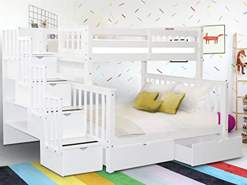 Bedz King Stairway Bunk Beds Twin over Full with 4 Drawers in the Steps and 2 Under Bed Drawers, White