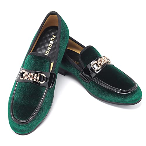 Men's Velvet Loafers, Mens Dress Shoes with Gold Chain, Slip-On Smoking Slippers, Penny Party Wedding Driving Shoes for Men,Green