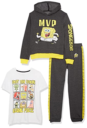 Nickelodeon Big Spongebob Squarepants Graphic Hoodie, T-Shirt, & Jogger Sweatpant, 3-Piece Athleisure Outfit Bundle Set-Boys 4-20, Charcoal Heather/Yellow/White, 18-20