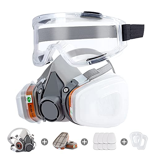 Reusable Half Face Gas Mask with Safety Glasses, Filters - For Painting, Welding, Woodworking