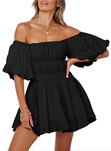 Dokotoo Off Shoulder Summer Dress for Women Short Lantern Sleeve Ruffle A-Line Black Dresses Casual Elastic Waist Mini Dress Medium