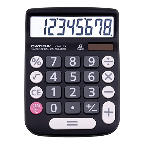 CATIGA Desktop Calculator 8 Digit with Solar Power and Easy to Read LCD Display, Big Buttons, for Home, Office, School, Class and Business, 4 Function Small Basic Calculators for Desk, CD-8185 Black