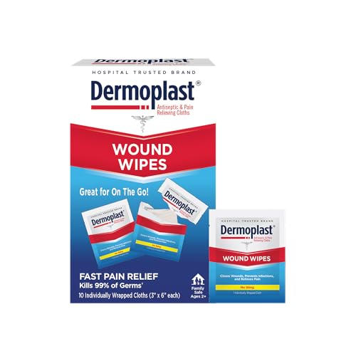 Dermoplast 3-in-1 Medicated First Aid Cloths, Analgesic & Antiseptic Wipes for Treating Minor Cuts, Scrapes and Burns on the Go, Sting Free Formula, 10 Individually Wrapped Cloths (Packaging May Vary)