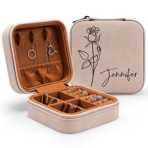 Custom Leather Customized Jewelry Organizer Box w/Name & Birth Flower Month - Birthday Gifts for Women, Mom Personalized Jewelry Travel Case - Beige