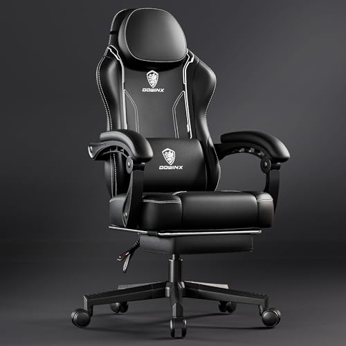 Dowinx Gaming Chair with Pocket Spring Cushion and Massage Lumbar Support, Ergonomic Computer Chair with Footrest for Adults, High Back Leather Game Chair for Office Gaming 300LBS, Black