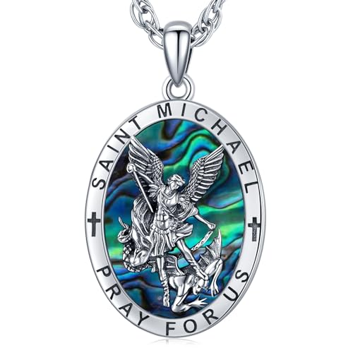 Odinstone Saint Michael Necklace for Men Women, The Archangel Michael Necklace Pendant 925 Sterling Silver Oval Catholic Medal Talisman Protect Us Jewelry 50CM+5CM Chain