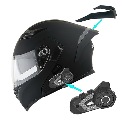 1Storm Motorcycle Modular Full Face Flip up Dual Visor Helmet + Spoiler Bundle with Freedconn Motorcycle Bluetooth Headset: HB89 Matt Black