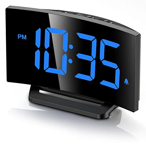 GOLOZA Digital Alarm Clock for Bedrooms, Digital Clock with Modern Curved Design, Conspicuous Blue LED Numbers, 5 Levels Brightness+Off, 2 Volume, 3 Alarm Tones, Snooze, Power-Off Memory, 12/24H
