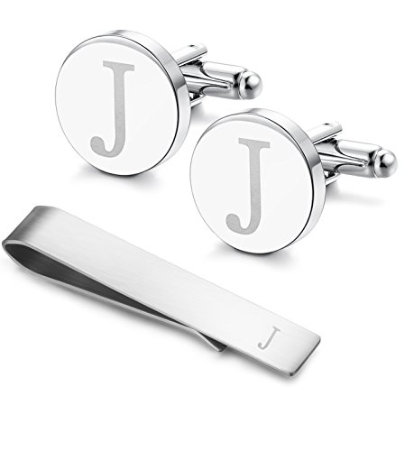 LOYALLOOK Classic Engraved Initial Cufflinks and Tie Clip Bar Set Alphabet Letter Formal Business Wedding Shirts J