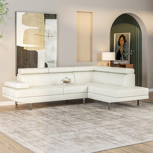 Sectional Sofas For Living Room - White Faux Leather Sofas For Living Room - L Shaped Couch - Sectional Sofas For Living Room - Furniture Adjustable Headrest Right Facing Chaise & Left Facing Sofa