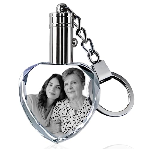 HAN'S LASER Personalized Keychains with LED Light, Small Heart Shaped, Crystal Keychain with Your Own Photo, Great Memorial Gifts