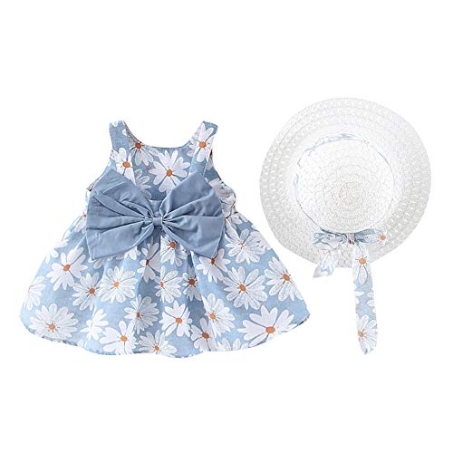 Baby Girls Floral Tutu Dress Summer Sleeveless Backless Princess Birthday Party Dresses Toddler Little Girl First Communion Pageant Flower Ruffle Bow Sundress with Sun Hat Outfit Set Blue 12-18 Months