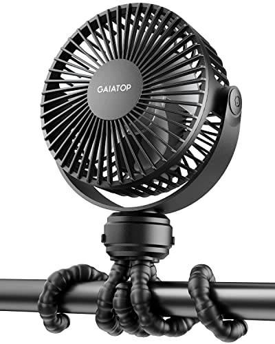 Gaiatop Mini Portable Stroller Fan, Battery Operated Small Clip on Fan, Detachable 3 Speed Rechargeable 360° Rotate Flexible Tripod Cooling Fan for Car Seat Crib Treadmill Travel Black