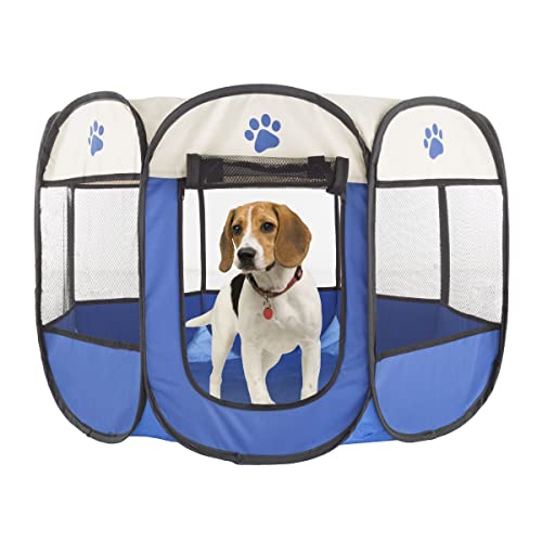 Pop-Up Pet Playpen - Indoor and Outdoor Dog Pen with Carrying Case - Portable Pet Enclosure for Dogs, Cats, and Other Small Animals by PETMAKER (Blue)