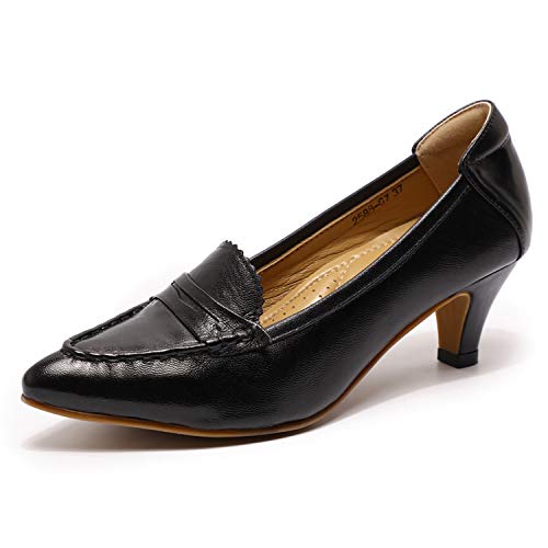 Mona flying Women's Leather Pump Med Heel Pointed Toe Office Dress Shoes for Ladies Black