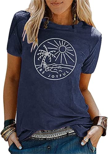 Be Joyful T-Shirt Women Funny Sunshine Tee Beach Coconut Trees Graphic Shirt Short Sleeve Tops Dark Blue