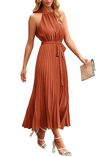 PRETTYGARDEN Women's Summer Casual Long Dress Sleeveless Halter Neck Swiss Dot Pleated Beach Maxi Sun Dresses (Brick Red,Medium)