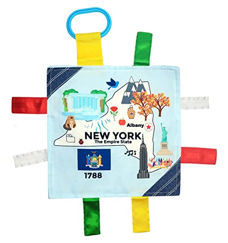 Baby Jack & Co 8x8” Learning Lovey Tag Toys for Babies - Baby Crinkle Toys - Crinkle Toys for Baby - Soft & Safe - Learn USA State Facts - Ideal Baby Toy BPA Free w/Stroller Clip (Newyork_8x8)