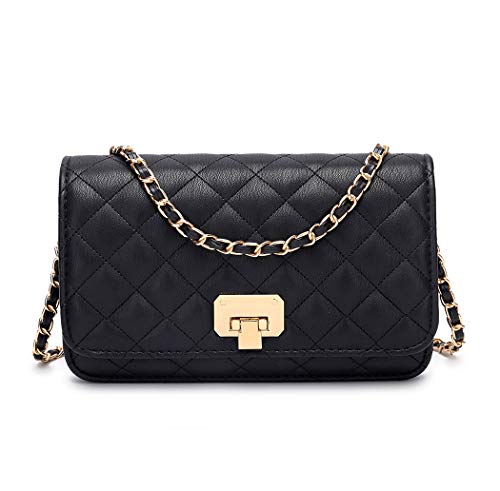 HAKSIM Women Black Quilted Purse Lattice Clutch Small Crossbody Shoulder Bag with Chain Strap Leather