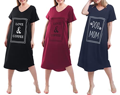 FEREMO 3 Pack Plus Size Nightgowns V Neck Nightshirts Short Sleeve Printed Sleepwear Soft Loungewear for Women (3X, Black+Wine Red+Dog Mom Navy Blue)