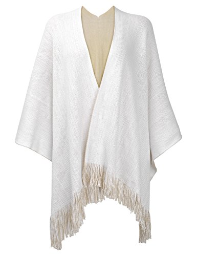 ZLYC Women's Reversible Winter Knitted Faux Cashmere Fringe Poncho Capes Shawl Cardigans Sweater Coat (White)