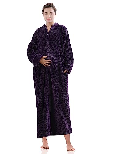 Artfasion Womens Fleece Robe Plush Long Zip Front Bathrobe with Pockets Warm Soft Zippered Bathrobes for Women