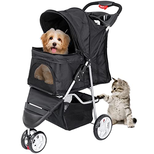 ZENY Foldable Pet Stroller, Cat/Dog Stroller with 3 Wheel, Pet Strolling Cart, Dog Travel Carrier with Storage Basket + Cup Holder, Black