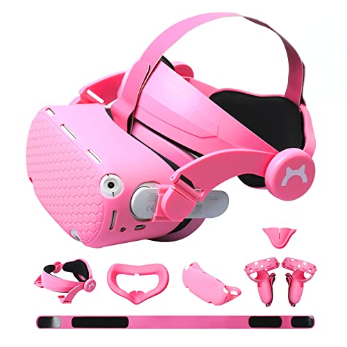 MODJUEGO VR Adjustable Head Strap for Oculus Quest 2 Accessories with Silicone Touch Controller Grip Cover,Barbie Pink 6 in1 VR Shell Protector Cover & VR Face Cover Replacement Set…