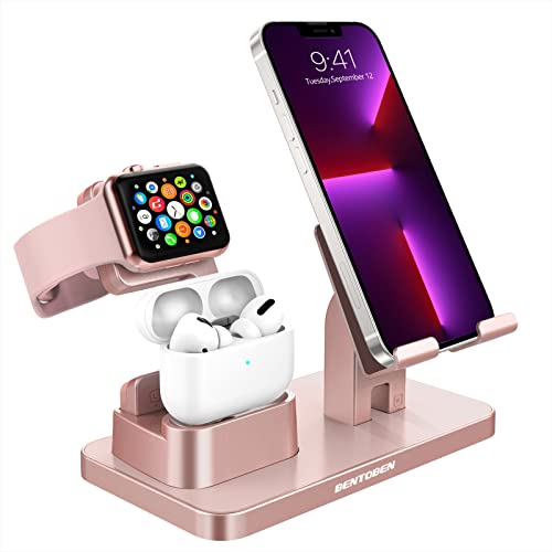 BENTOBEN 3-in-1 Charging Stand, Universal Charging Dock Station Compatible for Airpods Pro 2/1 Apple Watch Series 6/5/4/3/2 iPhone 13 12 11 SE2 XSMax XR 8 7 6S Plus Android Smartphone iPad, Rose Gold