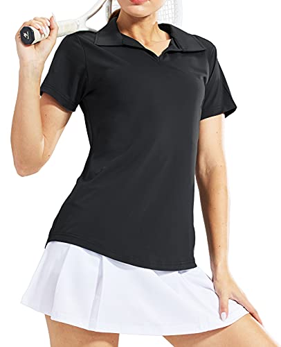 MIER Women's Golf Polo Shirts Collared V Neck Short Sleeve Tennis Shirt, Dry Fit, Moisture Wicking, Black, M