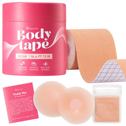 DACOTTON Boob Tape - Beige Body Tape for Breast Lift & Push Up A-G Cup, Waterproof, Breathable and Sticky Breast Tape with 2 Gentle Silicone Nipple Covers, 8 Fashion Tapes
