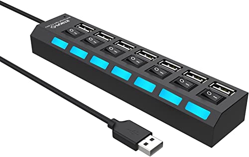 7-Port USB Hub USB 2.0 Hub Data Transfer with Individual Switches Indicator Lights for PC Laptop