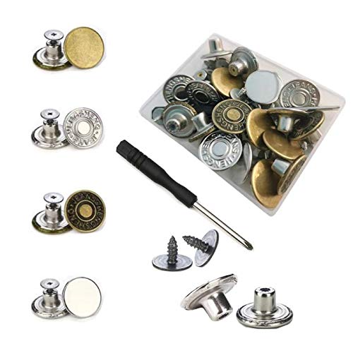 Jean Buttons No Sew 20 Sets Replacement Jean Buttons 17mm Combo Copper Tack Buttons Replacement Kit with Rivets and Metal Base in Plastic Storage Box (4 Styles)